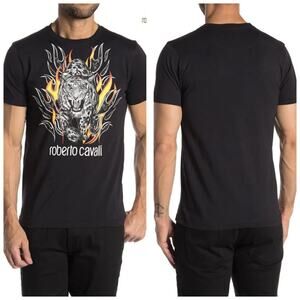 Roberto Cavalli FST960 Men's Black Graphic T Shirt Flaming Tiger Size Medium
